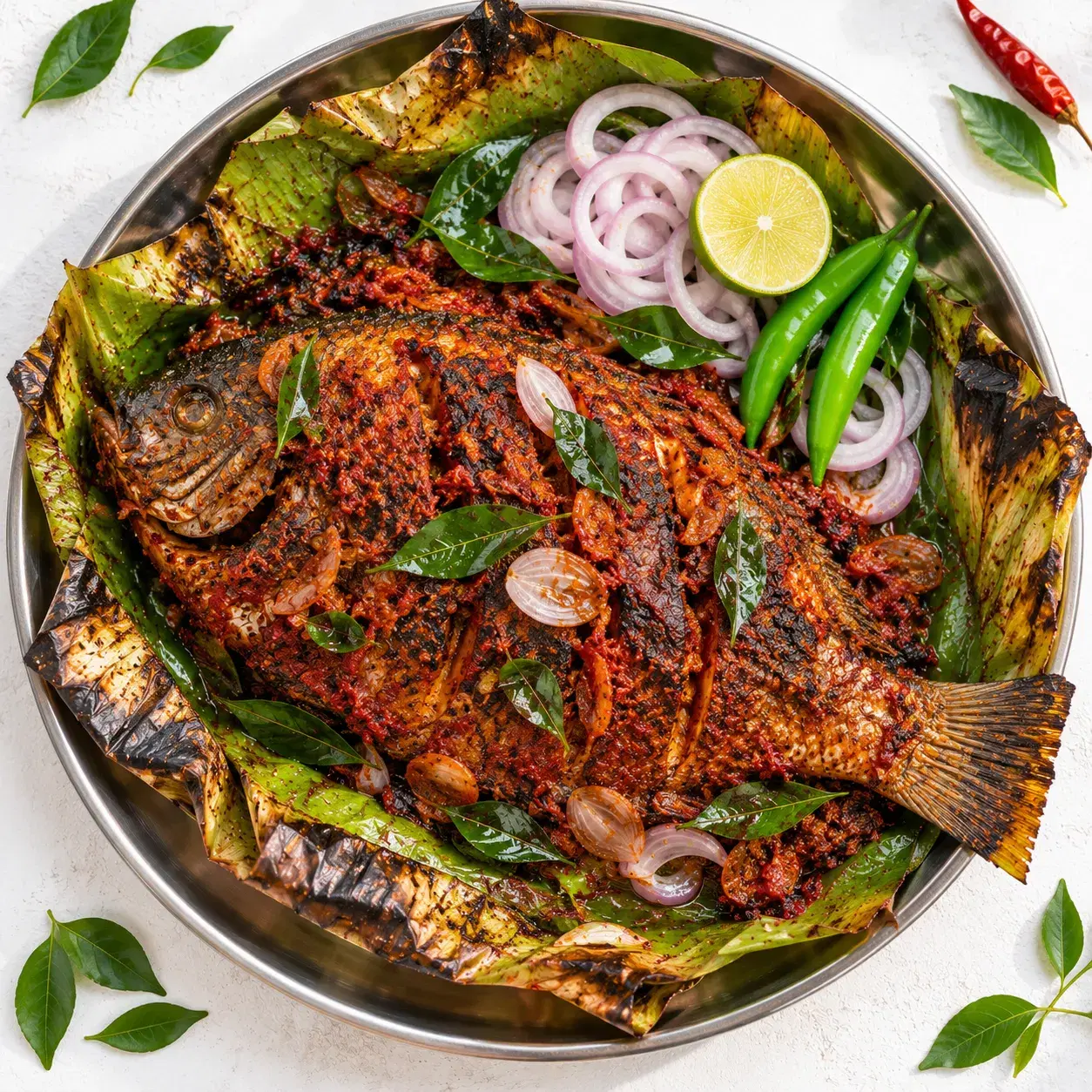 Karimeen pollichathu on a banana leaf, seen from above